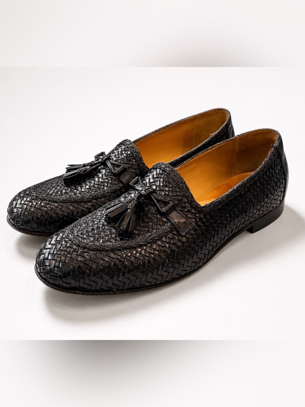 Paul Fredrick Woven Leather Slip On Tassel Loafers, Black, 11, EUC